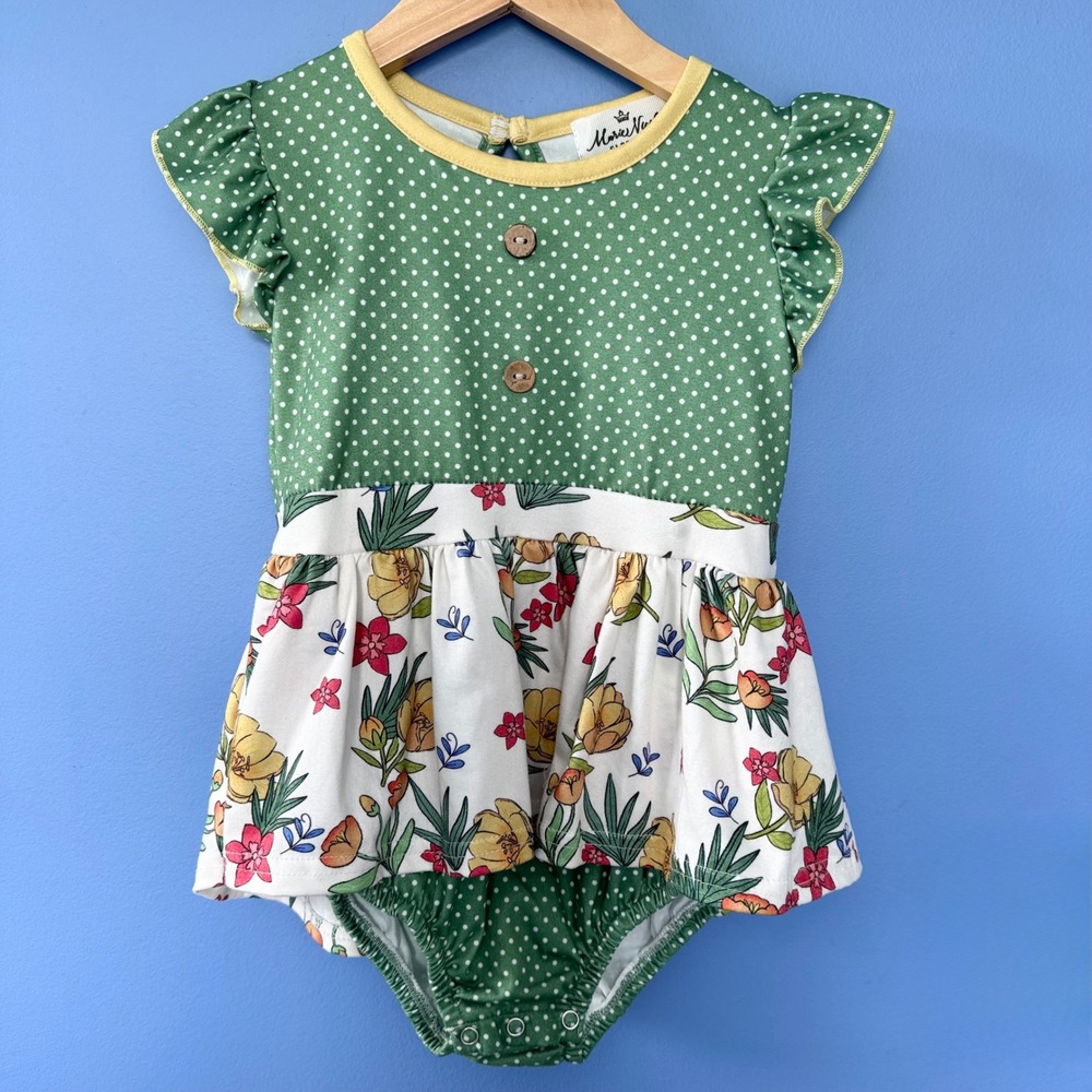 Marie Nicole Clothing Green Polka Dot Floral Flutter Sleeve Bodysuit Dress 2T